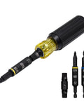 Impact Rated 11-in-1 Multi Bit Screwdriver And Nut Driver with Phillips, Slotted, Square, Torx bits, shown with interchangeable components.