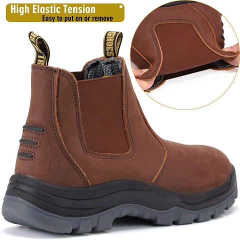 Men's Steel Toe Waterproof Work Boots With Slip Resistant Outsole And Anti Static Safety Shoes Built For The Job Site All Day Comfort With A Wide Toe Box ASTM F2413 I 75 C 75 Rated For Tough Work showing side view and elastic tension feature