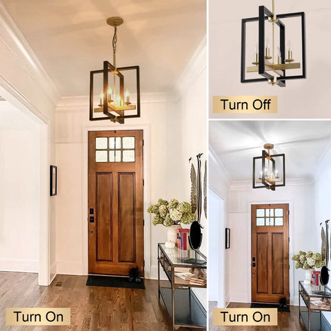 Industrial Lantern Chandelier With Four Lights, Modern Geometric Semi Flush Mount Ceiling Light in Black and Champagne Gold