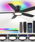52 Inch Flush Mount Ceiling Fan In Matte Black With Rgb Lighting And Led 3Cct Dimmable Bulbs, features remote and color options.