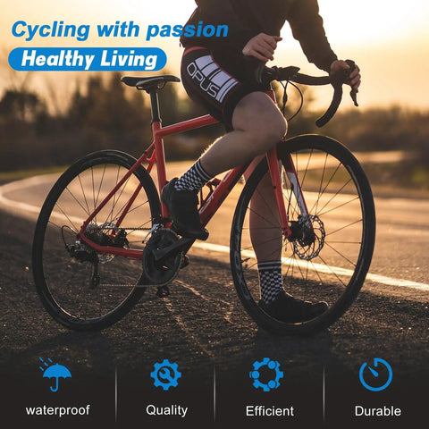Person cycling with passion on a road bike at sunset, showcasing a healthy lifestyle. Key features: waterproof, quality, efficient, durable.