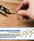 No Mess Heavy Gold Screw Eye Hooks Four Count featuring Knockout Carbon Steel in use for easy wood installation.