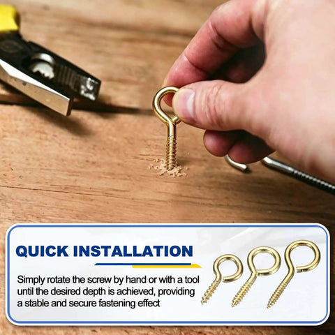 No Mess Heavy Gold Screw Eye Hooks Four Count featuring Knockout Carbon Steel in use for easy wood installation.