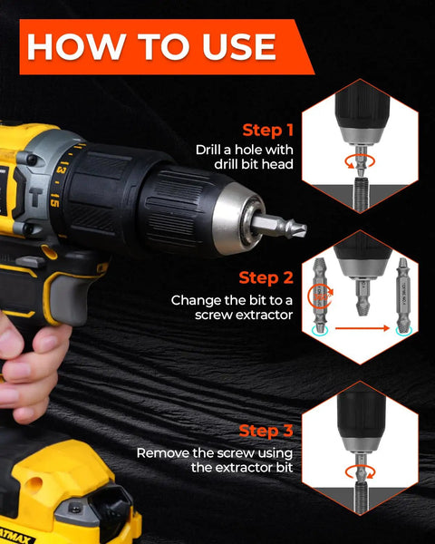 Drill using Must Have 24 Piece Screw Extractor And Left Hand Drill Bit Set With HSS Titanium Coated Bits for screw removal.