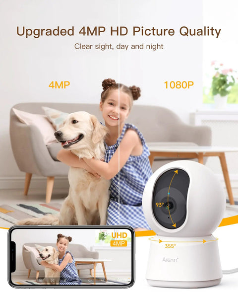4MP Smart Pet Security Camera With Dual Band Wifi AI Motion Alerts Providing Hella Crisp Video Feed And Effortless Phone App Integration To Keep Tabs On Fur Babies And Small Toddlers Indoors, with a girl and dog in living room.