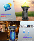 Outdoor Waterproof Solar Powered Bug Zapper with panel, USB-C charging, LED night light, ideal for home patio and camping.