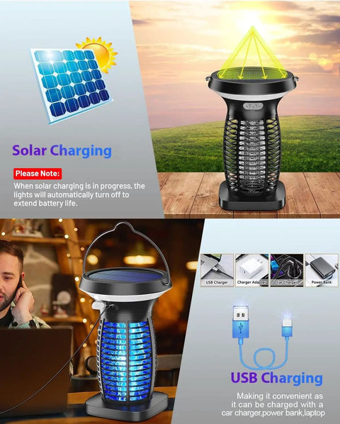 Outdoor Waterproof Solar Powered Bug Zapper with panel, USB-C charging, LED night light, ideal for home patio and camping.