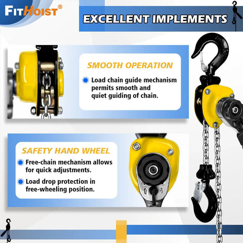 Quarter Ton Chain Hoist With 550 Lbs Capacity And 10 Ft Lift Manual Lever Come Along Hoist close-up showing guide mechanism and hooks