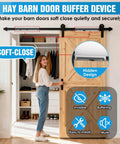Soft Close Barn Door Mechanism Set With Hole Free No Drill Installation For Doors Up To 132 Lbs Includes Spring Buffer Damper And Adjustable Stoppers 2 Pack With S Hook Mounting And Hex Wrench For Smooth Quiet Sliding Door Hardware installed on a wooden door.