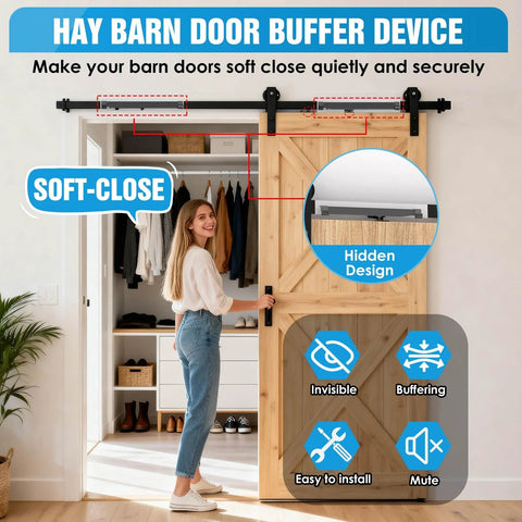 Soft Close Barn Door Mechanism Set With Hole Free No Drill Installation For Doors Up To 132 Lbs Includes Spring Buffer Damper And Adjustable Stoppers 2 Pack With S Hook Mounting And Hex Wrench For Smooth Quiet Sliding Door Hardware installed on a wooden door.