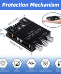 Beefy Bluetooth 5.0 HiFi Stereo Amplifier Board With 100W Per Channel Subwoofer Ready Treble And Bass Control AUX Input DC 12V to 24V Ideal DIY Speaker Upgrade And Home Audio System showing size and protection features.