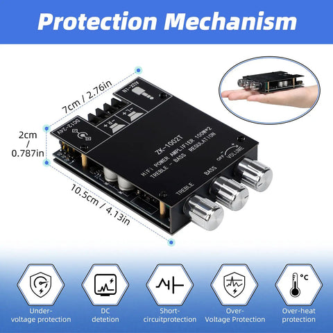 Beefy Bluetooth 5.0 HiFi Stereo Amplifier Board With 100W Per Channel Subwoofer Ready Treble And Bass Control AUX Input DC 12V to 24V Ideal DIY Speaker Upgrade And Home Audio System showing size and protection features.