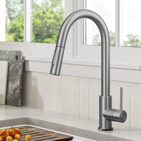 Touch Kitchen Faucet With Pull Down Sprayer In Spot Free Stainless Steel, Single Handle High Arc Spout in modern kitchen.