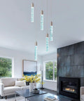 Five Light Kitchen Island Pendant Lights With Dimmable 3000K 4000K 6000K Color Temperature Bubble Crystal Star Accent Brushed Nickel Finish