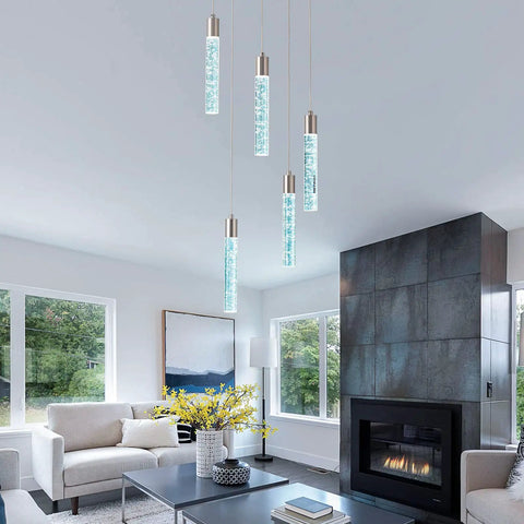 Five Light Kitchen Island Pendant Lights With Dimmable 3000K 4000K 6000K Color Temperature Bubble Crystal Star Accent Brushed Nickel Finish