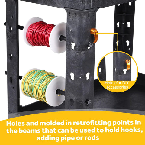 Heavy Duty Plastic Utility Cart With Deep Shelves And Full Swivel Wheels showing retrofitting points for hooks or rods