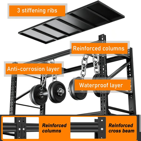 Beefed Up Garage Shelving System 73 Inches High, Ultra Heavy Duty, 4000 Pound Total Load Capacity, No Sag Steel Shelves With Reinforced Beams And Brackets, Easy Assembly, Holds Heavy Tools, Bins And Gear, black steel