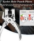 Eyelet hole punch pliers with instructions for correct use and warning against incorrect direction.
