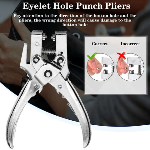 Eyelet hole punch pliers with instructions for correct use and warning against incorrect direction.