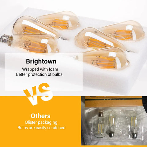 Comparison of Six Pack Vintage Style LED Edison Light Bulbs, 6W Realistic Filament, Dimmable E26 Base, wrapped vs blister packaging
