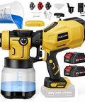 Heavy Hitter Cordless Paint Sprayer With Dual 20V Rechargeable Batteries And Hvlp Paint Gun Kit showing the sprayer filling with blue paint.