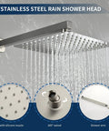 Stainless steel rain shower head with 10 inch diameter, silicone nozzles, 360-degree swivel, mounted on shower arm
