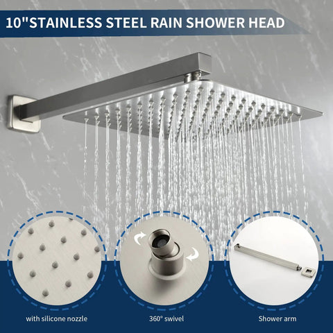 Stainless steel rain shower head with 10 inch diameter, silicone nozzles, 360-degree swivel, mounted on shower arm