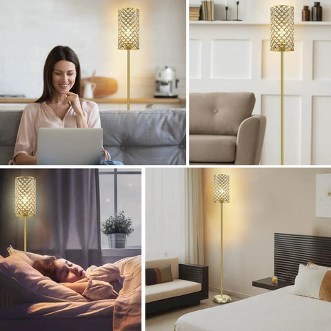 Gold Crystal Floor Lamp With On Off Foot Switch in living room, bedroom, and office settings, showcasing luxe crystal shade elegance.