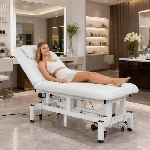 OmySalon Pro Electric Lift Massage Table With Dual Motors For Facial Beauty Salon Spa Therapy in sleek white with client.