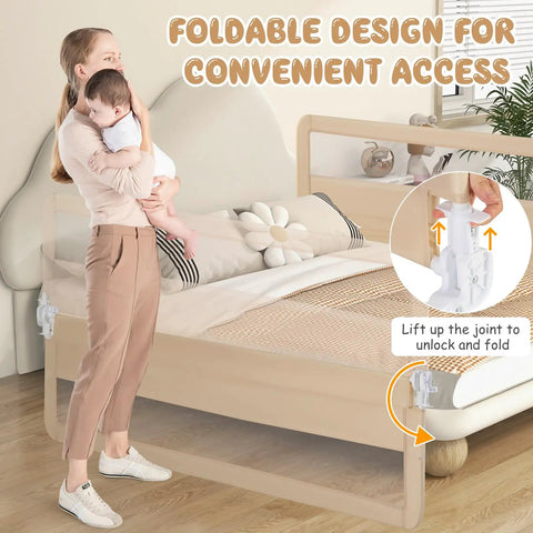 Mother holding toddler beside Foldable Bed Rail For Toddlers And Tots 71 Inch Safety Guard with straps on a king size bed