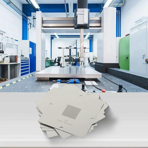 BGA Reballing Kit 90mm Reball Station Fixture Jig Set With 10 Stencil Templates in a professional workshop setting.