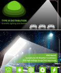 UL Listed LED Parking Lot Light 150W With Photocell And 22500 Lumens, IP65 rated, illuminating street with Type III distribution.
