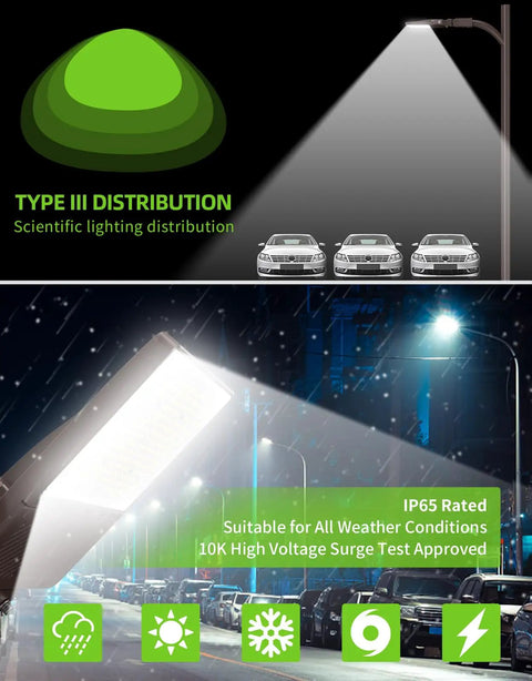 UL Listed LED Parking Lot Light 150W With Photocell And 22500 Lumens, IP65 rated, illuminating street with Type III distribution.