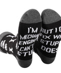 Two Pairs Mechanical Inspired Engineer Socks I Am A Mechanic I Cant Fix Stupid But I Can Fix What Stupid Does, black crew socks