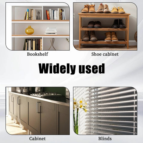 8 Piece Black Metal Cabinet Door Damper Pins Spring Loaded Telescopic Pivot Pins For Cabinet Doors And Shutters Furniture Repair And Maintenance Kit For Quick Home Repairs, showcasing bookshelf, shoe cabinet, regular cabinet, and blinds usage
