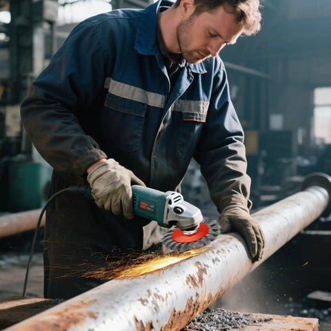 Worker using Five Pack 4 Inch Twist Knotted Wire Wheel Brush For Angle Grinder With 5/8-11 Arbor 0.02 Inch Carbon Steel Wire