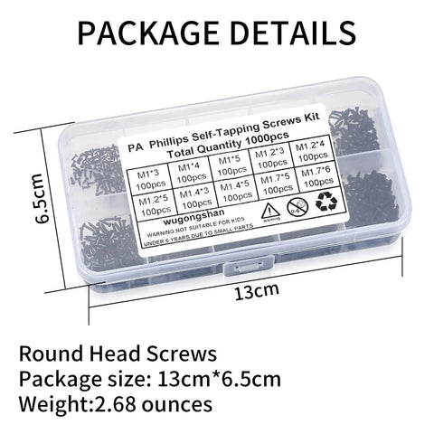 1000 Pcs Small Pan Head Screws Assortment Kit Micro Tiny Self Tapping Machine Screws for Electronics in Clear Box