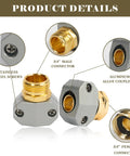 Product details of Garden Hose Repair Kit Set with Aluminum End Connectors featuring male and female connectors and stainless steel screws.