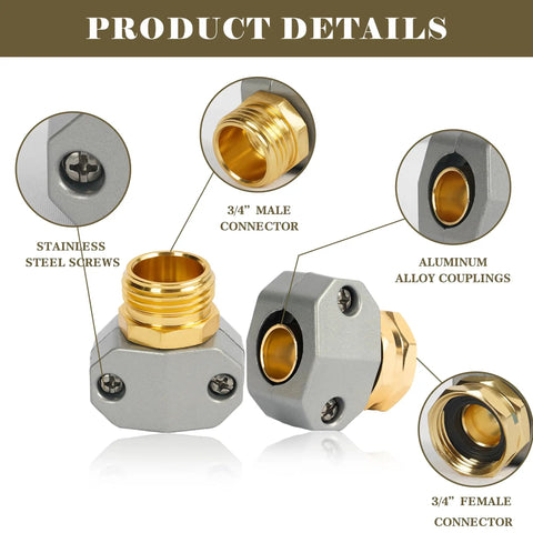 Product details of Garden Hose Repair Kit Set with Aluminum End Connectors featuring male and female connectors and stainless steel screws.