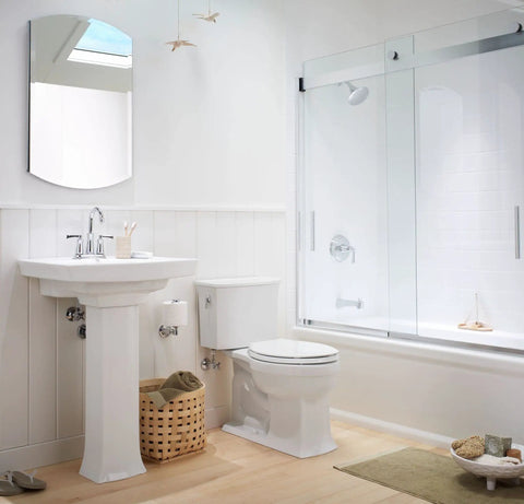 Bright bathroom with shower, sink, and Archer Aluminum Space-Saving Single-Door Bathroom Medicine Cabinet With Mirror, 20-Inch Wide By 31-Inch High.