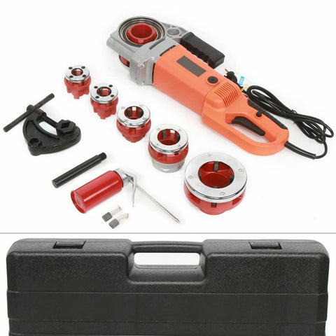 Heavy Duty Portable Electric Pipe Threading Machine With 2300W Copper Motor and six interchangeable dies in tool case.