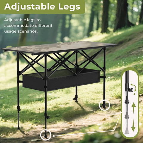 4Ft Folding Camping Table With Carry Bag And Mesh Storage shown in outdoor setting with adjustable legs and mesh storage