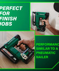 Compact Cordless Pin Nailer Kit With 23 Gauge Headless Pins Drives Five Eighths Inch To One And Three Eighths Inch, 2.0Ah Battery, shown in use on trim, demonstrating mobility around edges and corners.