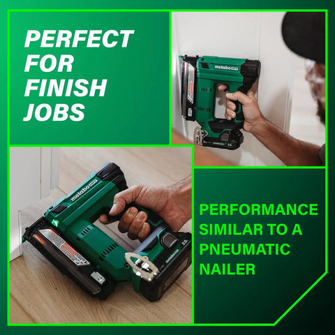 Compact Cordless Pin Nailer Kit With 23 Gauge Headless Pins Drives Five Eighths Inch To One And Three Eighths Inch, 2.0Ah Battery, shown in use on trim, demonstrating mobility around edges and corners.