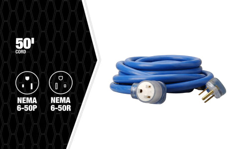 Heavy Duty Welder Extension Cord 50 Amp 250 Volt 50 Foot Power Cable With STW Jacket Molded Ends Lighted Receptacle view