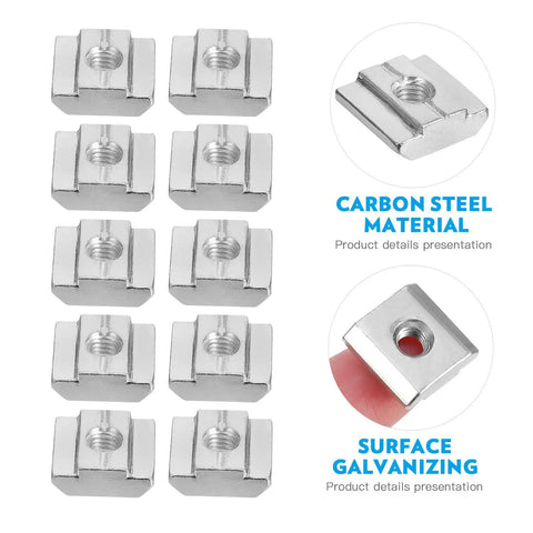 50 Pack T Slot Nuts Carbon Steel Sliding Fasteners For Aluminum Tracks CNC Routers DIY Shop Builds Heavy Duty Drop In Hardware That Stays True No Fuss Workshop Gear showing nine carbon steel nuts with threaded holes.