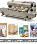 Automatic Horizontal Continuous Sealing Machine For Plastic Bags, Band Sealer With Embossing And Date Stamp on conveyor.