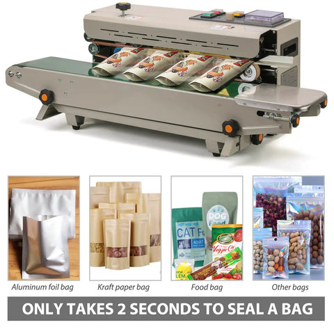 Automatic Horizontal Continuous Sealing Machine For Plastic Bags, Band Sealer With Embossing And Date Stamp on conveyor.