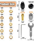 Fifteen Piece Drill Chuck Collet Set For Rotary Tool With Ten Brass Collets From One Thirty Second To One Eighth Inch shown with measurements