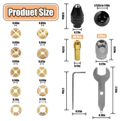 Fifteen Piece Drill Chuck Collet Set For Rotary Tool With Ten Brass Collets From One Thirty Second To One Eighth Inch shown with measurements